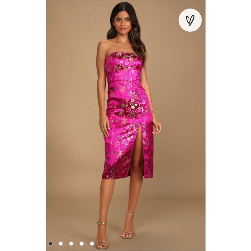 NWT Lulu’s Strapless Magenta Satin Floral Jacquard Midi Dress Size XL